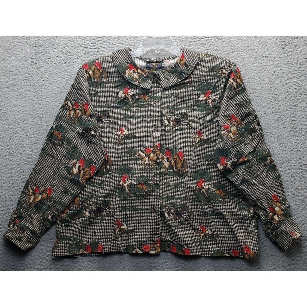 Vtg Charter Club Shirt Women 20W Multi Jane Justin Houndstooth Equestrian Jockey